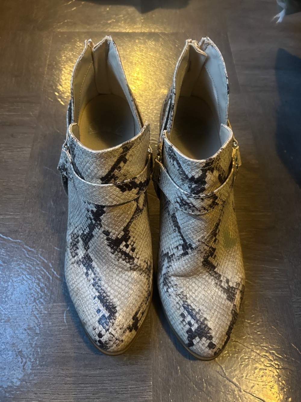 Women’s Snake-Print Ankle Booties in Beige and Black